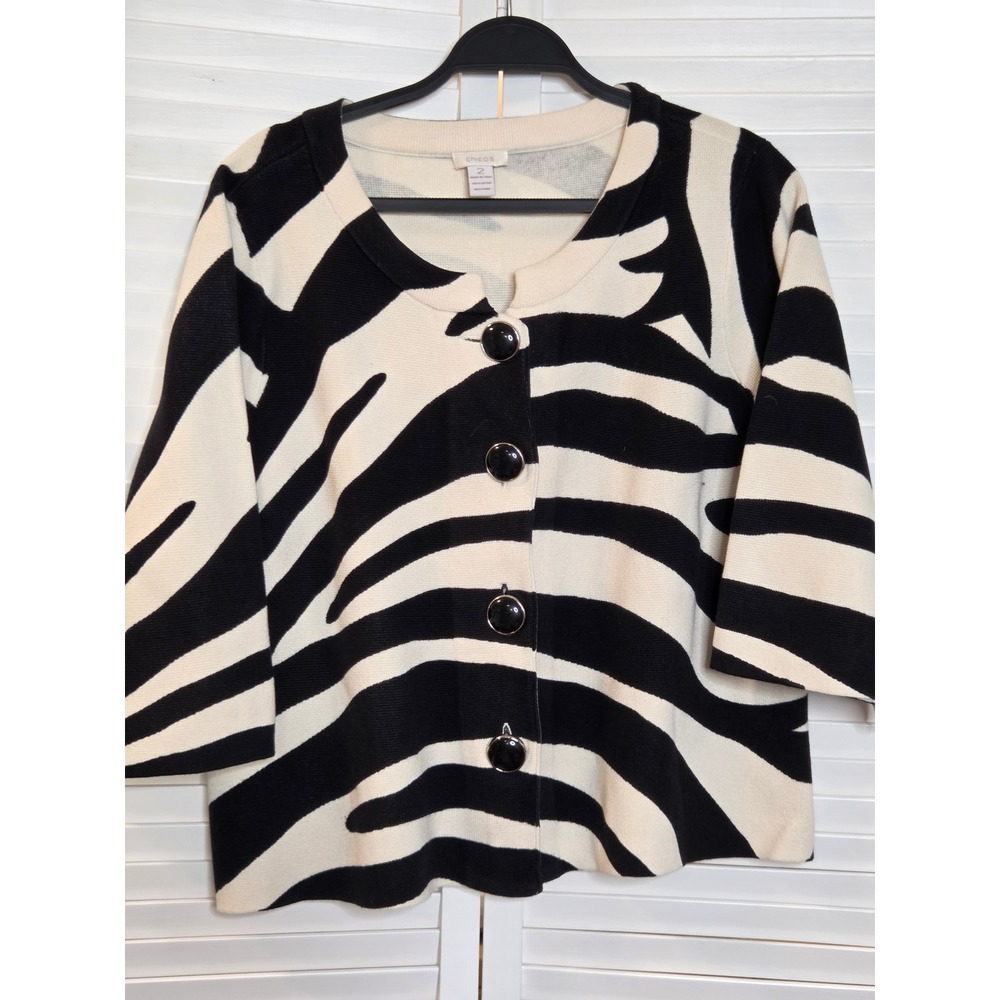 Chico's Zebra Print Cotton Sweater Size 12 Black White 3/4 Sleeve Knit Top